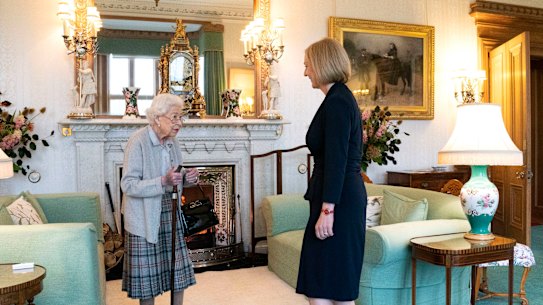 Queen Elizabeth greets newly elected leader of the Conservative party Liz Truss as she arrives at Balmoral Castle on Tuesday.