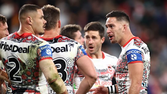 Dragons five-eighth Corey Norman fires up after a try to the Tigers on Friday night.