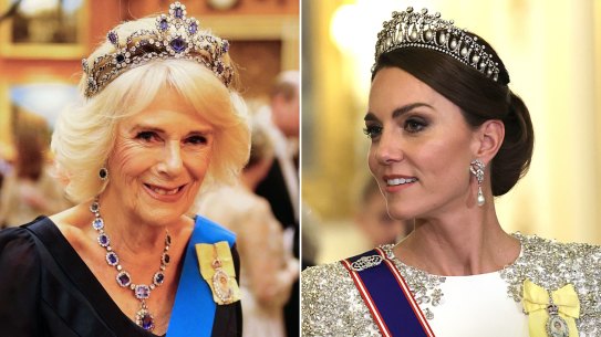 Queen Camilla at Buckingham attending an event for Diplomatic Corps at Buckinham Palace on December 6 and Catherine, Princess of Wales during the State Banquet at Buckingham Palace on November 22.