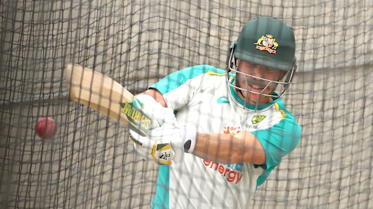 ELBOURNE, AUSTRALIA - JANUARY 02: David Warner bats during an Australian nets session at Melbourne Cricket Ground on January 02, 2021 in Melbourne, Australia. (Photo by Kelly Defina/Getty Images)