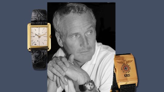 From left to right: JFK’s Omega Slimline, Paul Newman and his Rolex Daytona, Adolf Hitler’s Huber wristwatch.