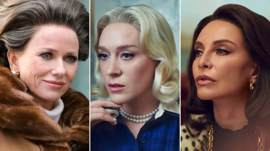 Naomi Watts on the set of the ’Feud as Babe Paley; Chloe Sevigny as CZ Guest and Calista Flockhart as Lee Radziwill. 