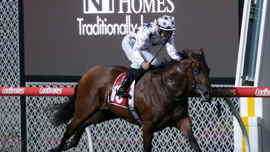 Sunlight winning the William Reid Stakes at Moonee Valley earlier in the year.