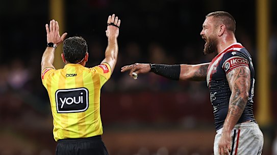 SYDNEY, AUSTRALIA - MAY 21:  Jared Waerea-Hargreaves of the Roosters is sent to the sin bin by referee Gerard Sutton during the round 11 NRL match between the Sydney Roosters and the Penrith Panthers at Sydney Cricket Ground, on May 21, 2022, in Sydney, Australia. (Photo by Matt King/Getty Images)
