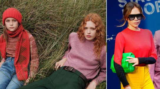 Victoria Beckham wearing a piece from her latest capsule collection for women and children. 