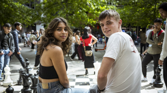 First year university students, Hardi Patel and Tobey Nunn enjoyed RMIT’s O-week “street festival” down Bowen St on campus on Thursday.