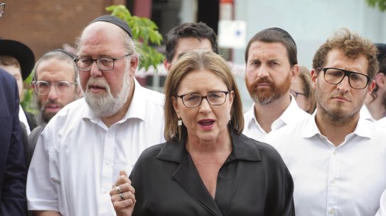 Victorian Premier Jacinta Allan speaks to Jewish community leaders outside the Adass Israel synagogue in Ripponlea, Melbourne.