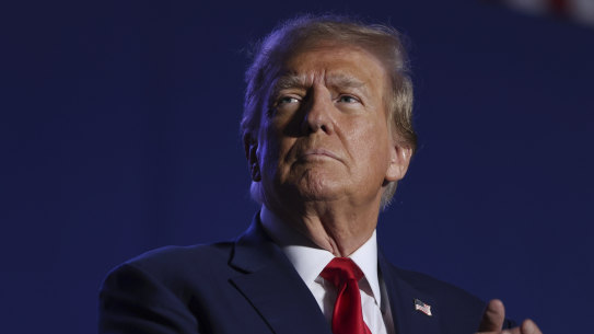 Former President Donald Trump speaks at a campaign rally in New Hampshire.