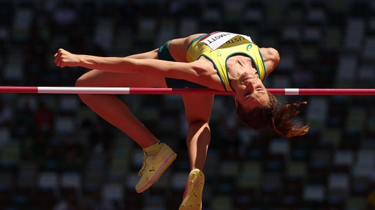 Nicola McDermott competes in the women’s high jump qualifying round on Thursday.
