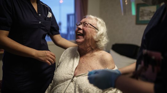 Auslag Westling, a resident at a Swedish nursing home, gets the Pfizer-BioNtech COVID-19 vaccine on January 7.
