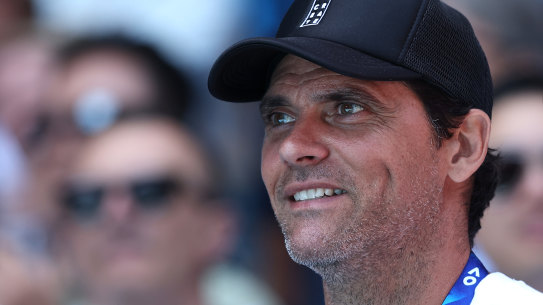 Mark Philippoussis watches Stefanos Tsitsipas in action at the Australian Open earlier this year.