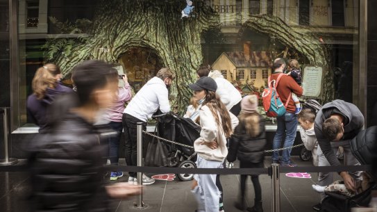 Crowds line up to view the Myer Christmas windows last month.