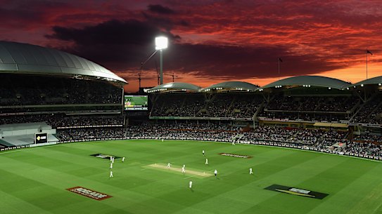 The day-night Test scene at the Adelaide Oval.