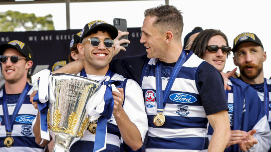 Geelong captain Joel Selwood on stage with Tyson Stengle.