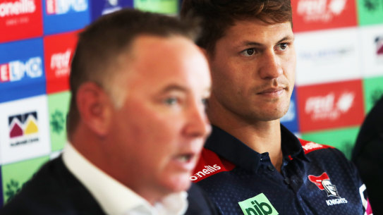 Newcastle coach Adam O’Brien with star player Kalyn Ponga.