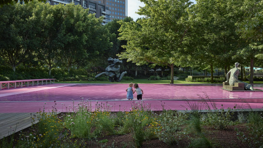 Native plants and a pink pool evocative of natural pink lakes comprise a current installation at the NGV 