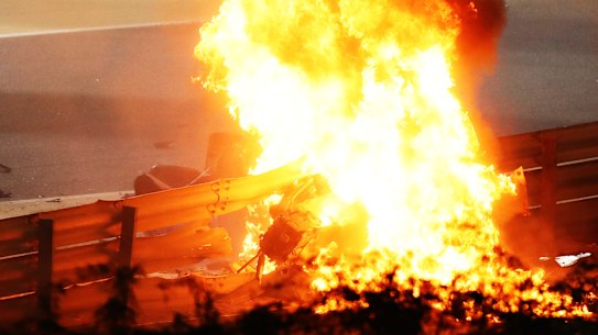 AHRAIN, BAHRAIN - NOVEMBER 29: A fire is pictured following the crash of Romain Grosjean of France and Haas F1 during the F1 Grand Prix of Bahrain at Bahrain International Circuit on November 29, 2020 in Bahrain, Bahrain. (Photo by Bryn Lennon/Getty Images) *** BESTPIX ***