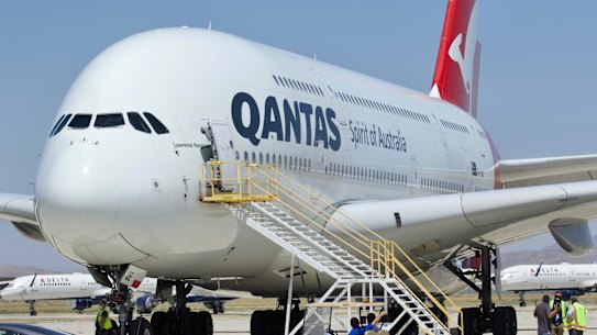 A Qantas A380 is parked up at a storage facility in California.
