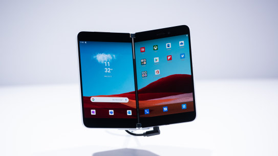 The Surface Duo on display at Microsoft's reveal event in New York.