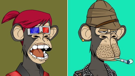 NFTs are commonly associated with digital art, such as these works from the Bored Ape series.