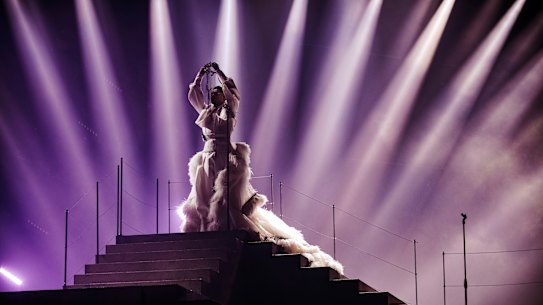 Sheldon Riley performs for Australia at the Eurovision Song Contest at the PalaOlimpico in Turin, Italy.