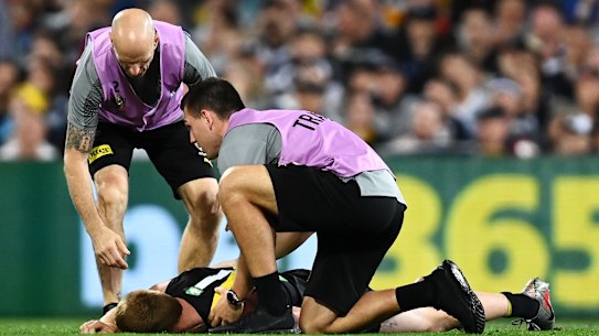 Nick Vlastuin was left concussed and took no further part in the grand final after a collision with Patrick Dangerfield.