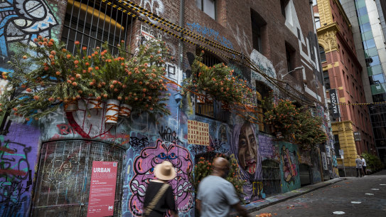Hosier Lane, where pedestrians take selfies in front of the ever-changing street art canvas. 