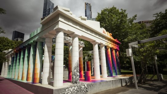 Temple of Boom is an homage to the Parthenon, and is built on what remains of the 2021 NGV Architecture Commission winner, Pink Pond.