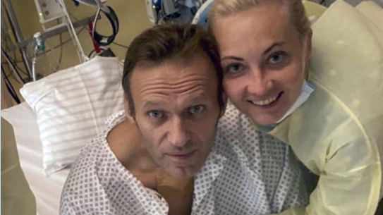 Alexei Navalny, pictured with his wife Yulia, in Berlin’s Charite hospital in 2020 recovering from  poisoning.