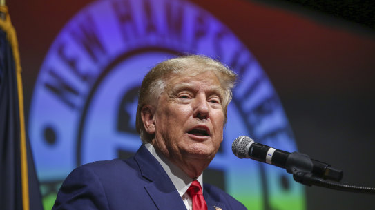 Former president Donald Trump speaks during the New Hampshire Republican State Committee 2023 annual meeting.