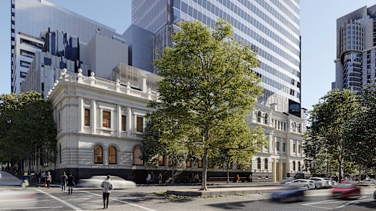 ISPT’s initial design for a Greek museum inside the Land Titles Office with a tower above.