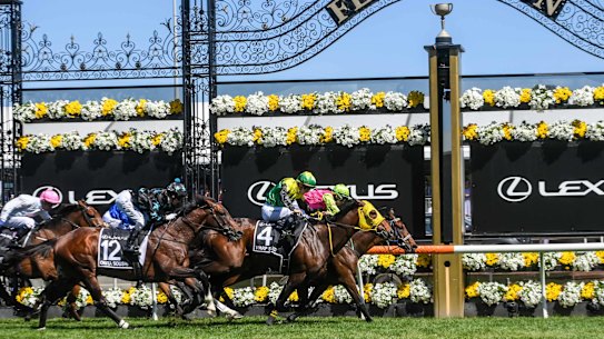 Lexus signage on the Flemington winning post for last year’s Melbourne Cup. 