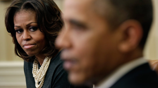 Michelle Obama, here with her husband Barack, is the narrator in her story Becoming. 
