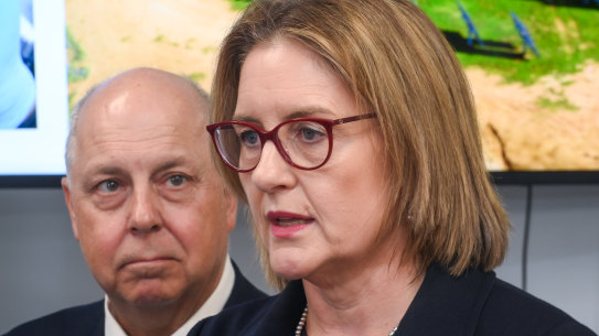 Premier Jacinta Allan and Treasurer Tim Pallas at a press conference