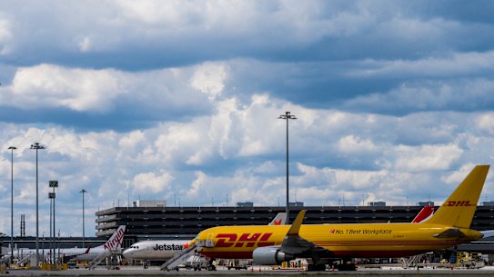  Melbourne Airport with DHL planes. 