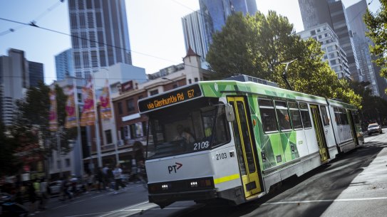 Number 67 tram on Swanston Street in Melbourne’s CBD.