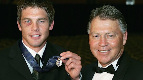 Ben Cousins poses with his father Bryan after winning the 2005 Brownlow Medal. 