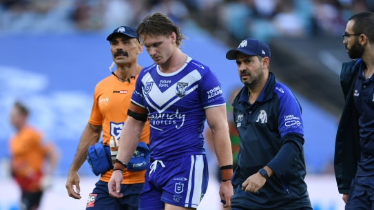 Bulldogs forward Jacob Preston leaves the field on Monday.