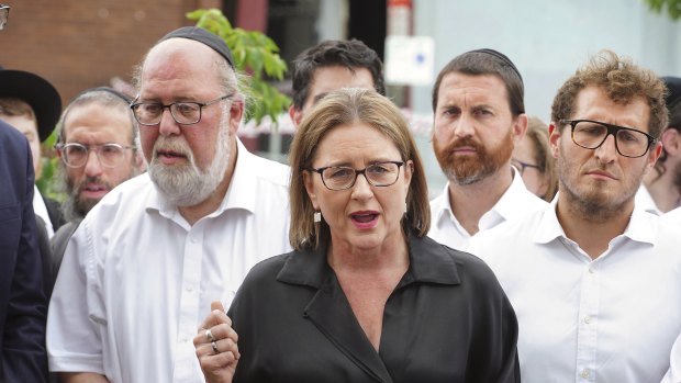 Victorian Premier Jacinta Allan with Jewish community leaders outside the Adass Israel synagogue in Ripponlea after the arson attack.