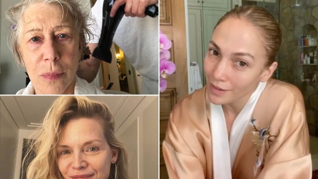 Clockwise from top left: Helen Mirren, Jennifer Lopez, and Michelle Pfeiffer are all fans of the make-up free selfie.