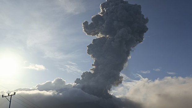 Mount Lewotobi Laki-Laki spews volcanic materials during an eruption, in East Flores, Indonesia.