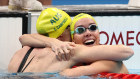 Emma McKeon is congratulated by Cate Campbell after winning gold and breaking the Olympic record in the women’s 100m freestyle final. Watching the women has been one of the highlights.