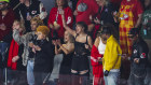 Taylor Swift (centre) wears a corset by Australian Dion Lee at the Super Bowl.