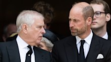 LONDON, ENGLAND - SEPTEMBER 16: Prince Andrew, Duke of York and Prince William, Prince of Wales attend the funeral of The Duchess of Kent at Westminster Cathedral on September 16, 2025 in London, England. Katharine, Duchess of Kent was married Prince Edward, Duke of Kent, the first cousin of Queen Elizabeth II. She died on September 4 at the age of 92 at Kensington Palace surrounded by her family. Having converted to Catholicism in 1994, her funeral takes place at Westminster Cathedral and is th