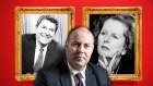 Josh Frydenberg with portraits of his inspirations Margaret Thatcher and Ronald Reagan.