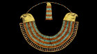 Collar of Princess Neferuptah. The Egyptians called this form of collar the wesekh, meaning broad. Six rows of beads terminate with the head of a golden falcon at each end; these were used as fasteners. Two smaller chains of beads are attached to the falcons, leading to a counterpoise, which also bears the image of a falcon, with further horizontal rows of beads hanging from it. At the bottom of the collar, teardrop shaped pendants can be seen, connected to a row of small golden beads.