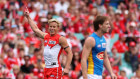 Isaac Heeney celebrates a goal against the Gold Coast.