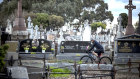 Melbourne cyclist Rob Cianflone rides through the Melbourne General Cemetary, Parkville. Photograph by Chris Hopkins 18/08/21 Melbourne cyclist Rob Cianflone rides through the Melbourne General Cemetery, Parkville. Photograph by Chris Hopkins
Brightened version for online thumbnail