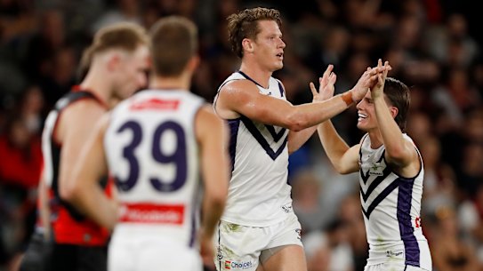 Matt Taberner celebrates one of his seven goals for the Dockers.