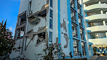 A damaged building is seen following a 7.7-magnitude earthquake in Ruteng, Manggarai, East Nusa Tenggara.